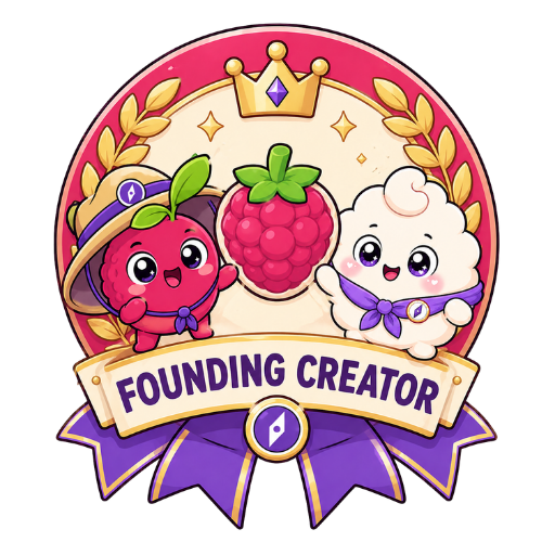 The Founding Creator badge: Scout and a companion berry under a crown, on a ribbon reading Founding Creator